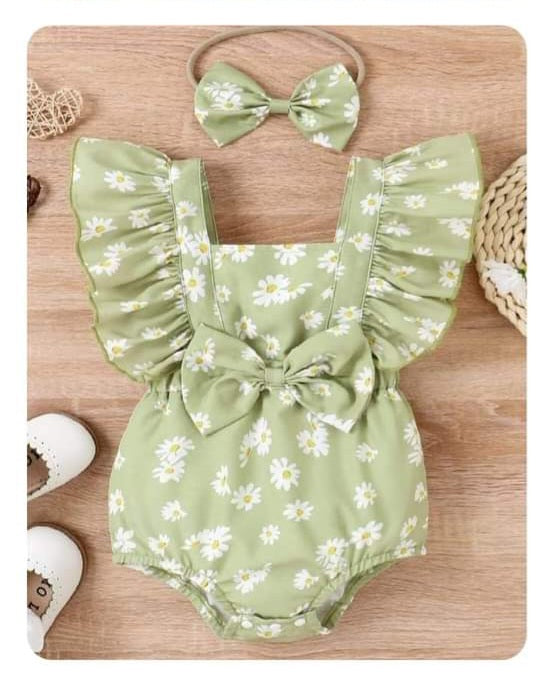 Green flower romper with headband