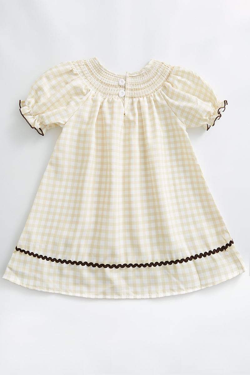 Thanksgiving plaid pumpkin smocked puff sleeve dress