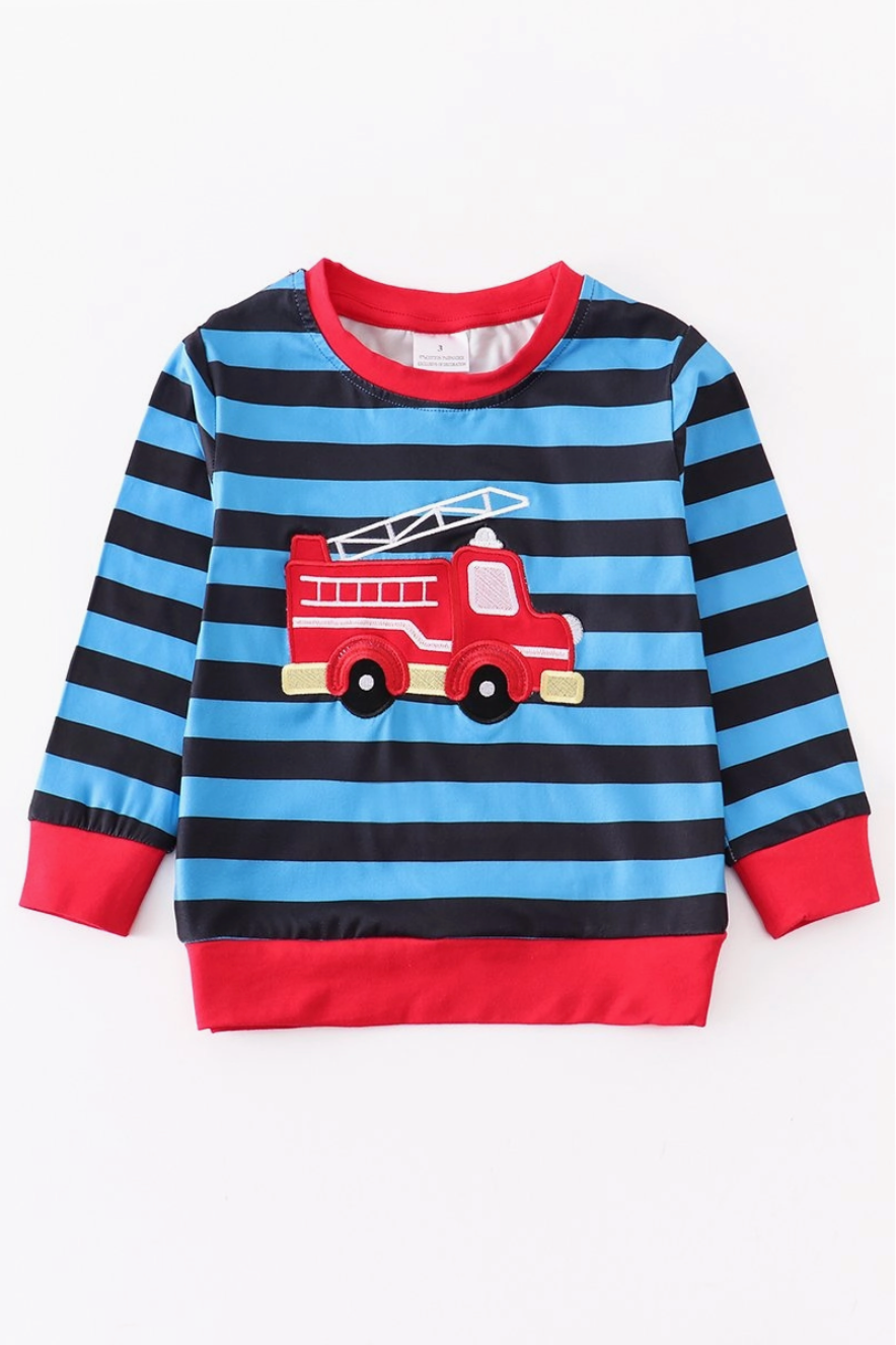 Blue stripe fire engine applique boy shirt