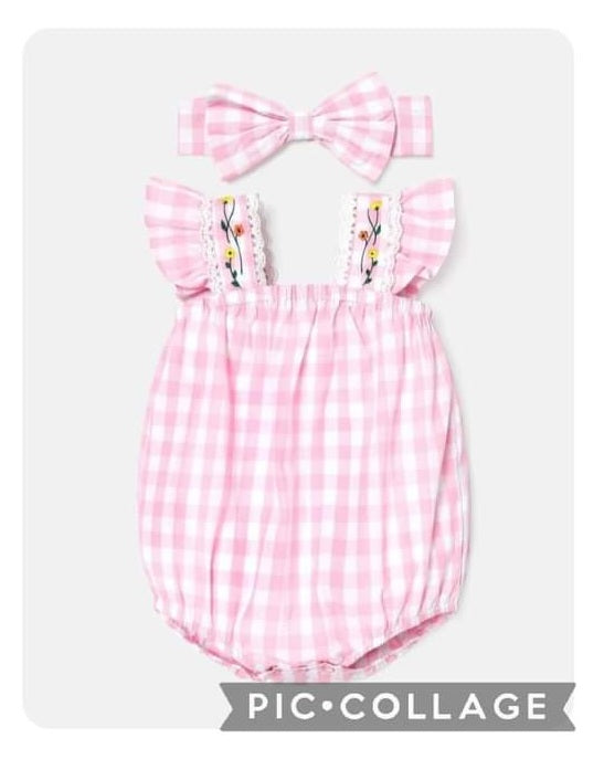 Pink flower romper with headband