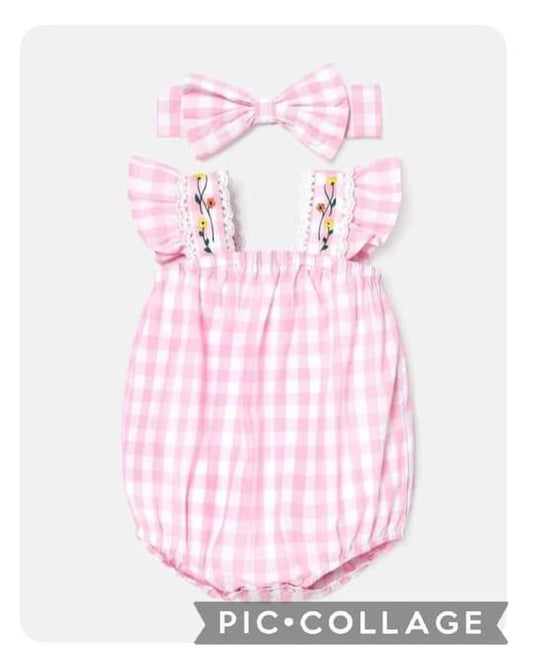 Pink flower romper with headband