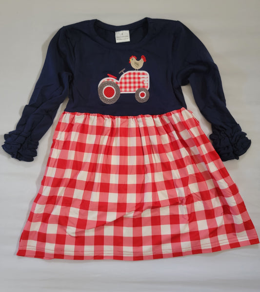 Red plaid truck applique dress