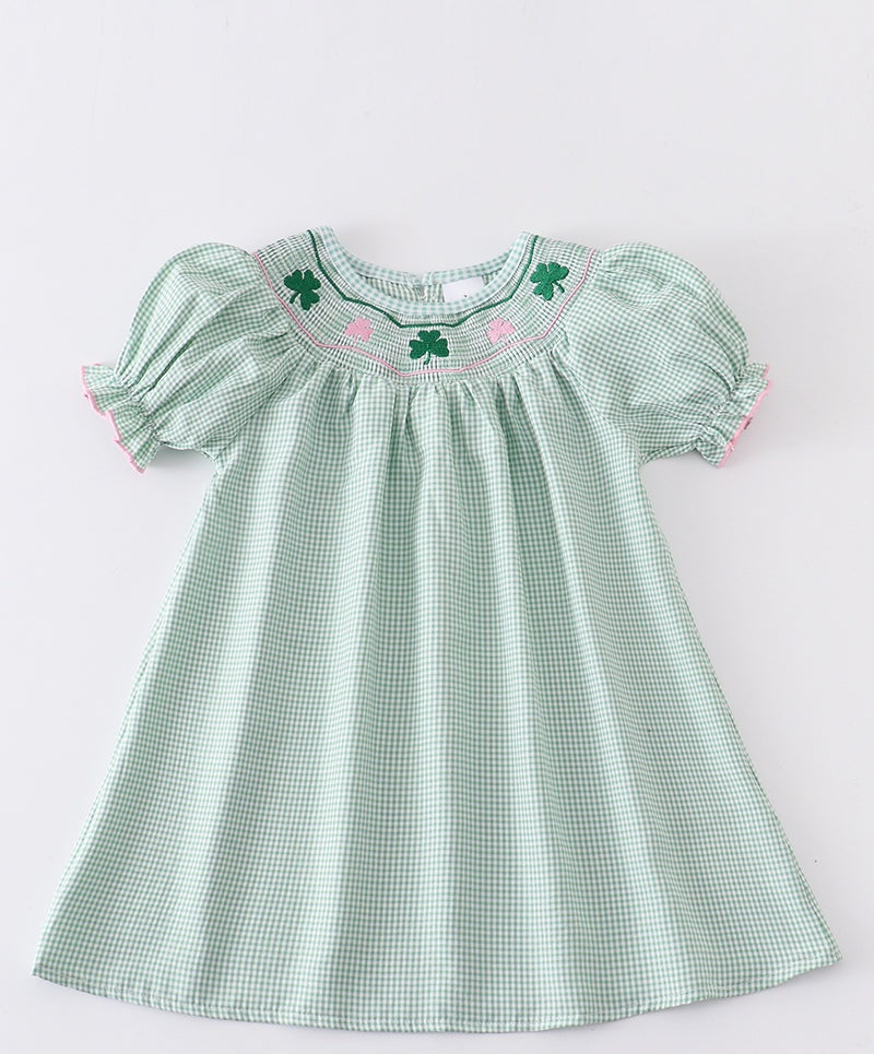 Green plaid clover smocked dress