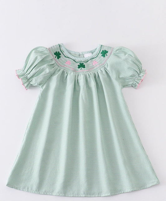 Green plaid clover smocked dress
