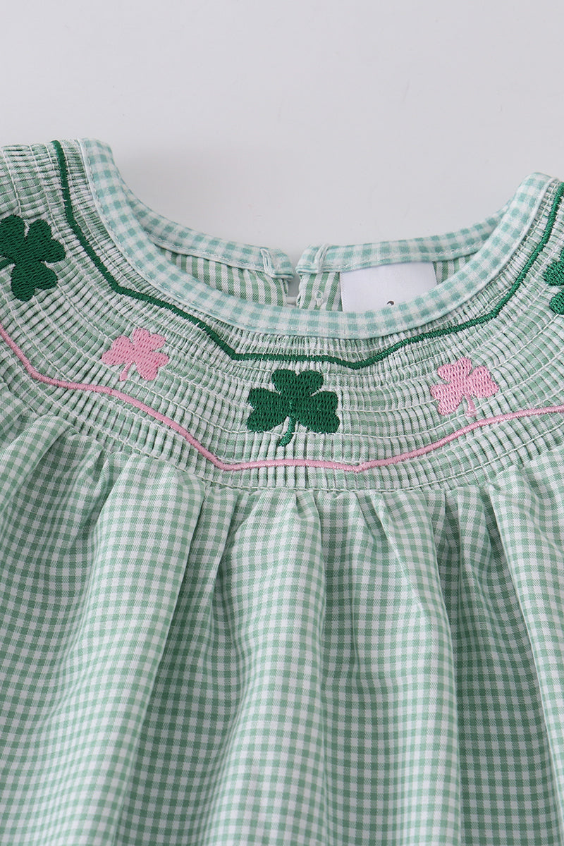 Green plaid clover smocked dress