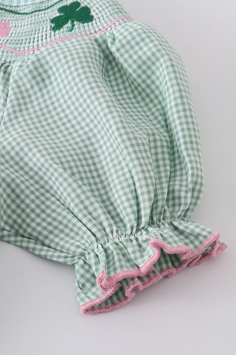 Green plaid clover smocked dress