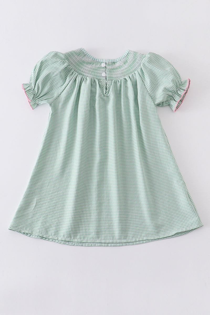 Green plaid clover smocked dress