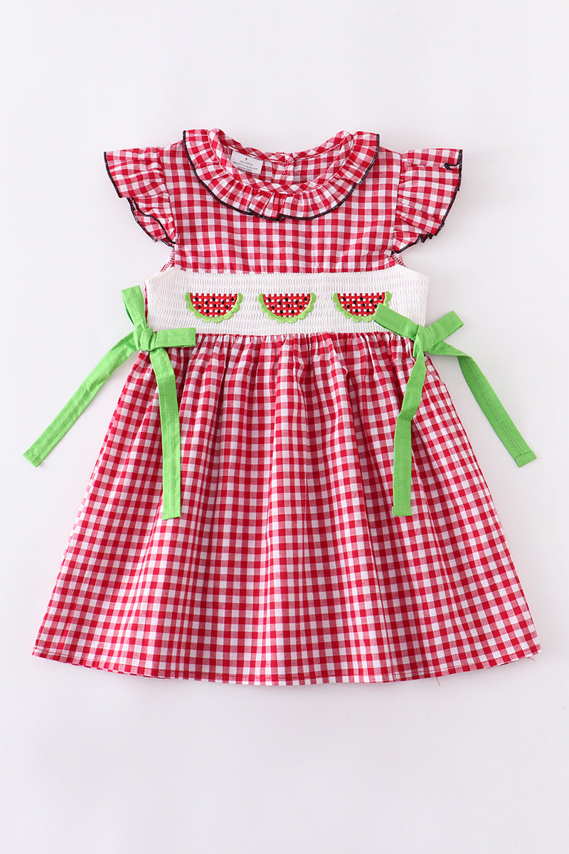 Red gingham watermelon smocked dress