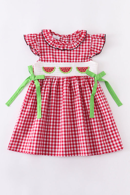 Red gingham watermelon smocked dress