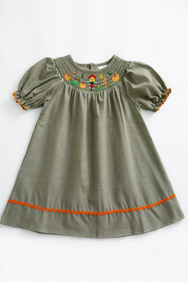 Green Scarecrow pumpkin smocked dress