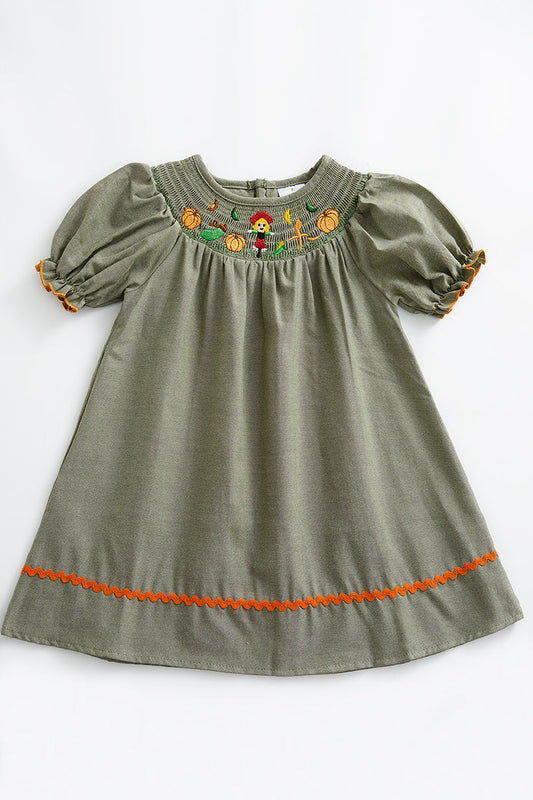 Green Scarecrow pumpkin smocked dress
