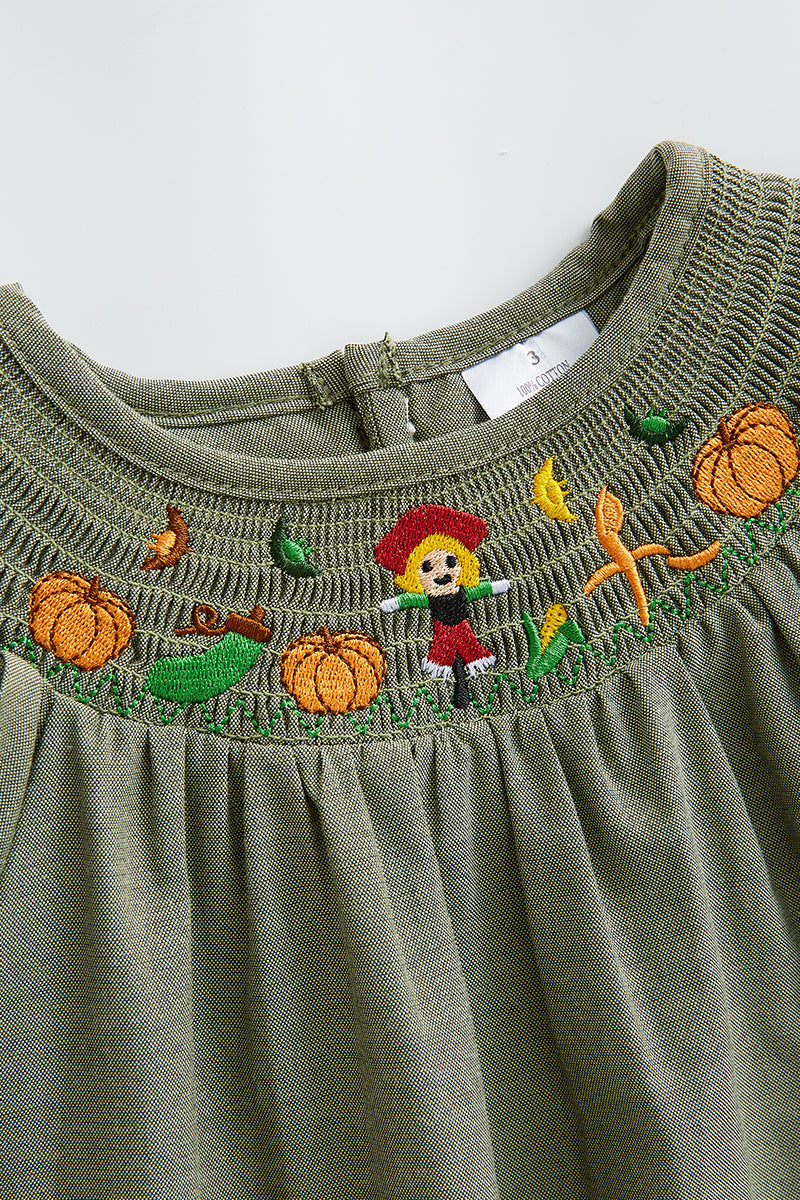 Green Scarecrow pumpkin smocked dress