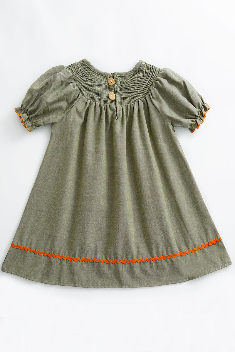 Green Scarecrow pumpkin smocked dress