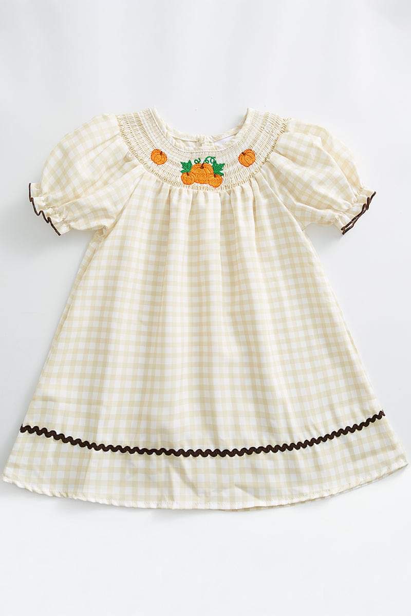 Thanksgiving plaid pumpkin smocked puff sleeve dress