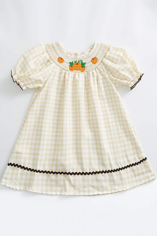 Thanksgiving plaid pumpkin smocked puff sleeve dress