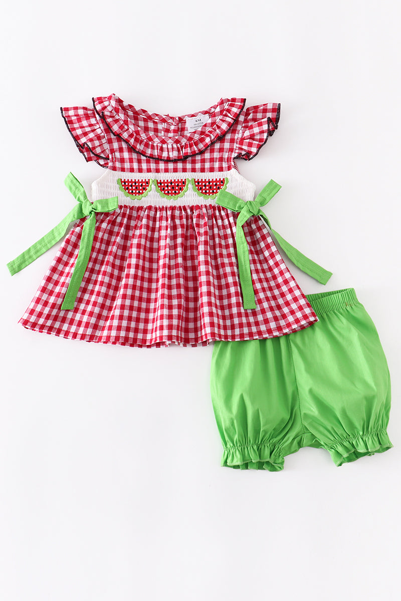 Red gingham watermelon smocked set