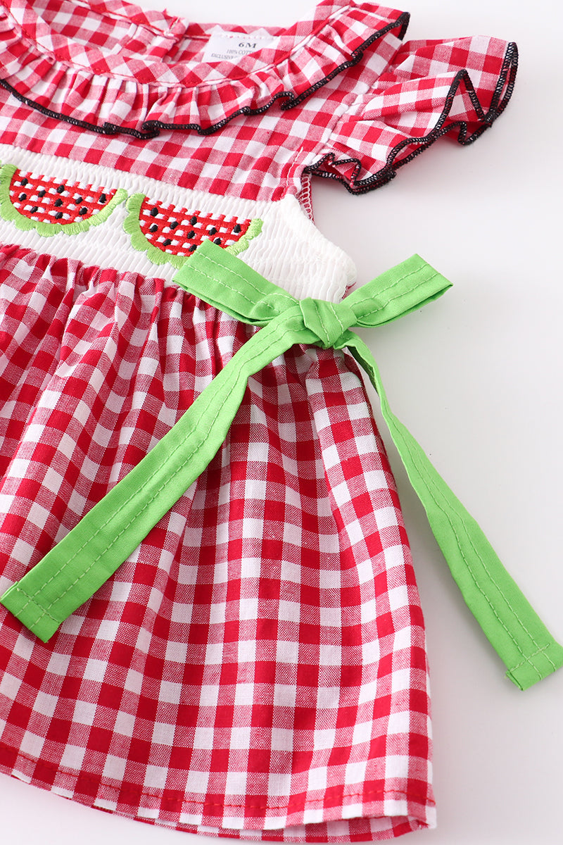 Red gingham watermelon smocked set