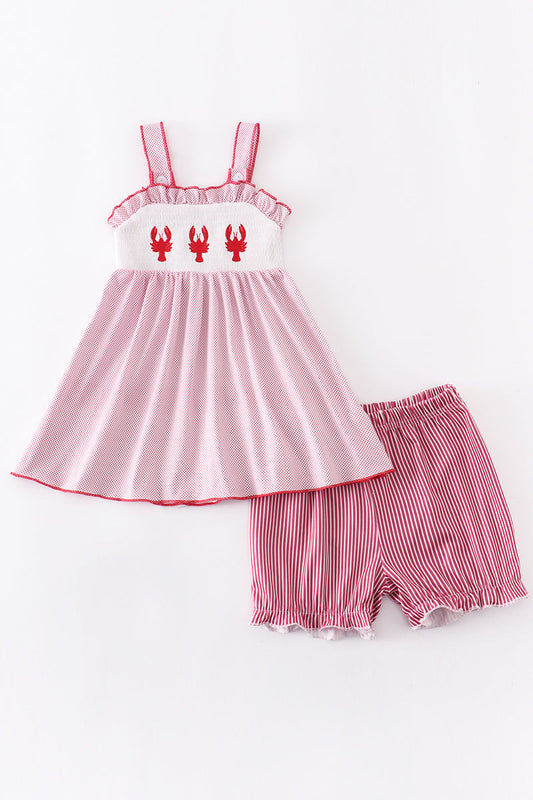 Red smocked lobster short set