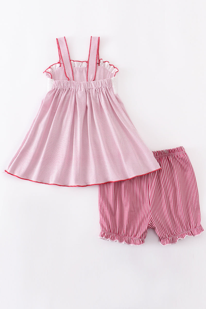 Red smocked lobster short set