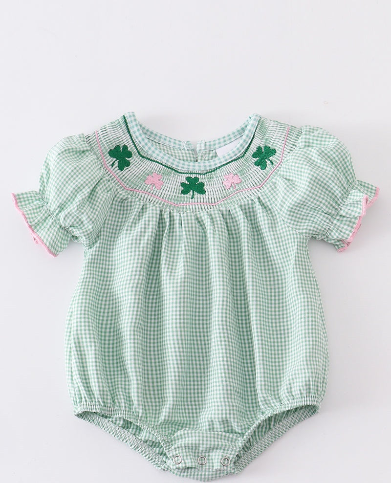 Green plaid clover smocked romper