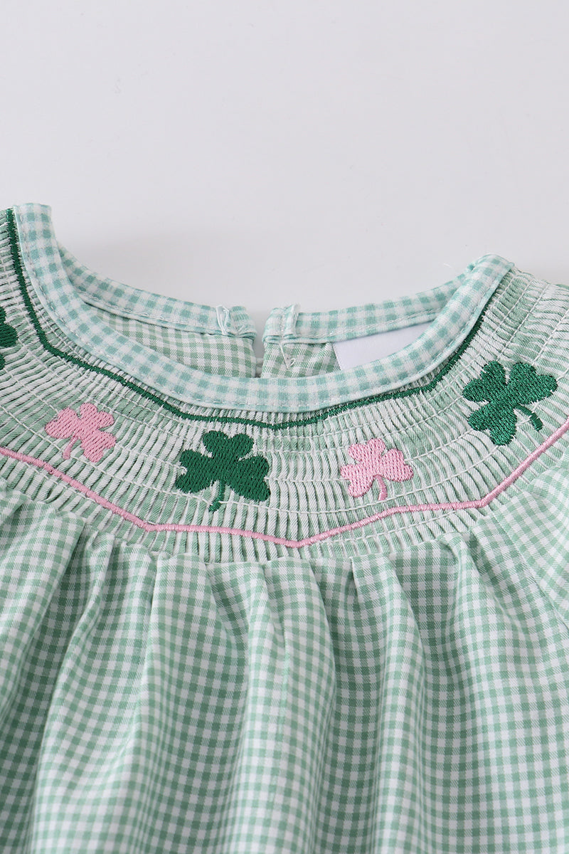 Green plaid clover smocked romper