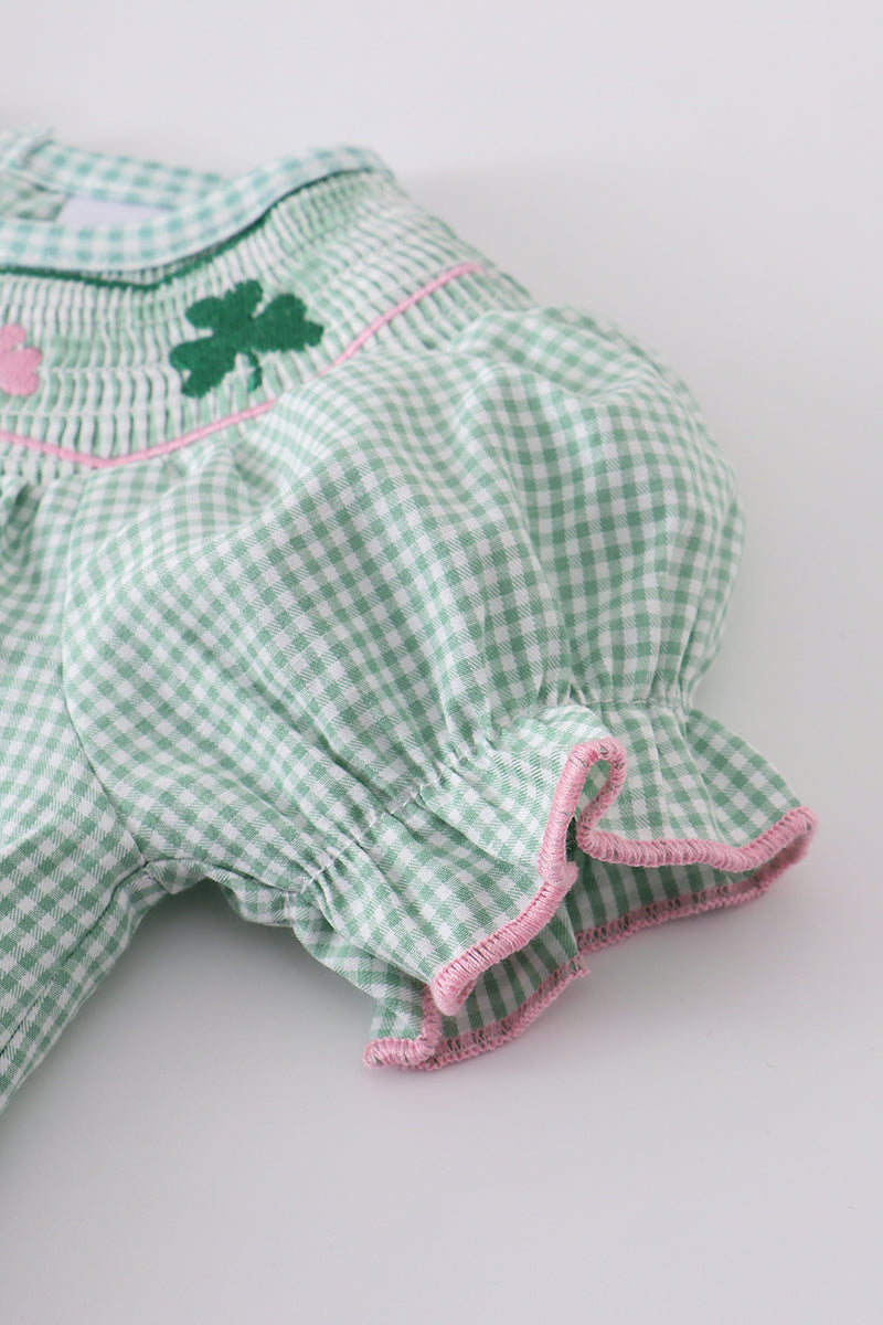 Green plaid clover smocked romper