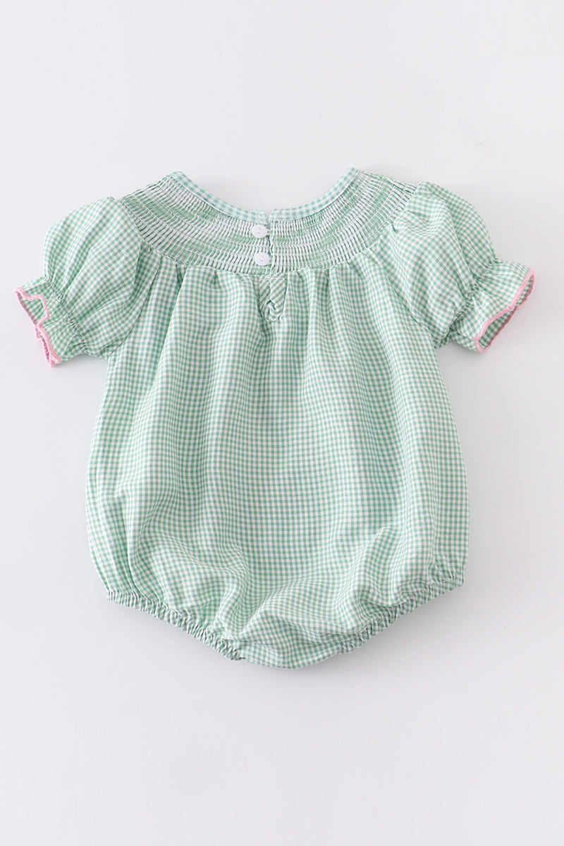 Green plaid clover smocked romper