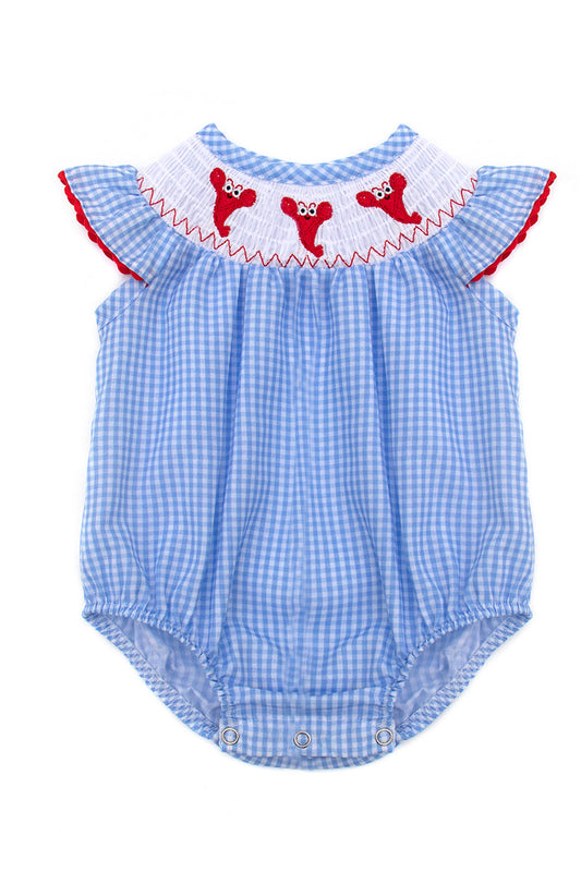 Blue stripe lobster smocked romper
