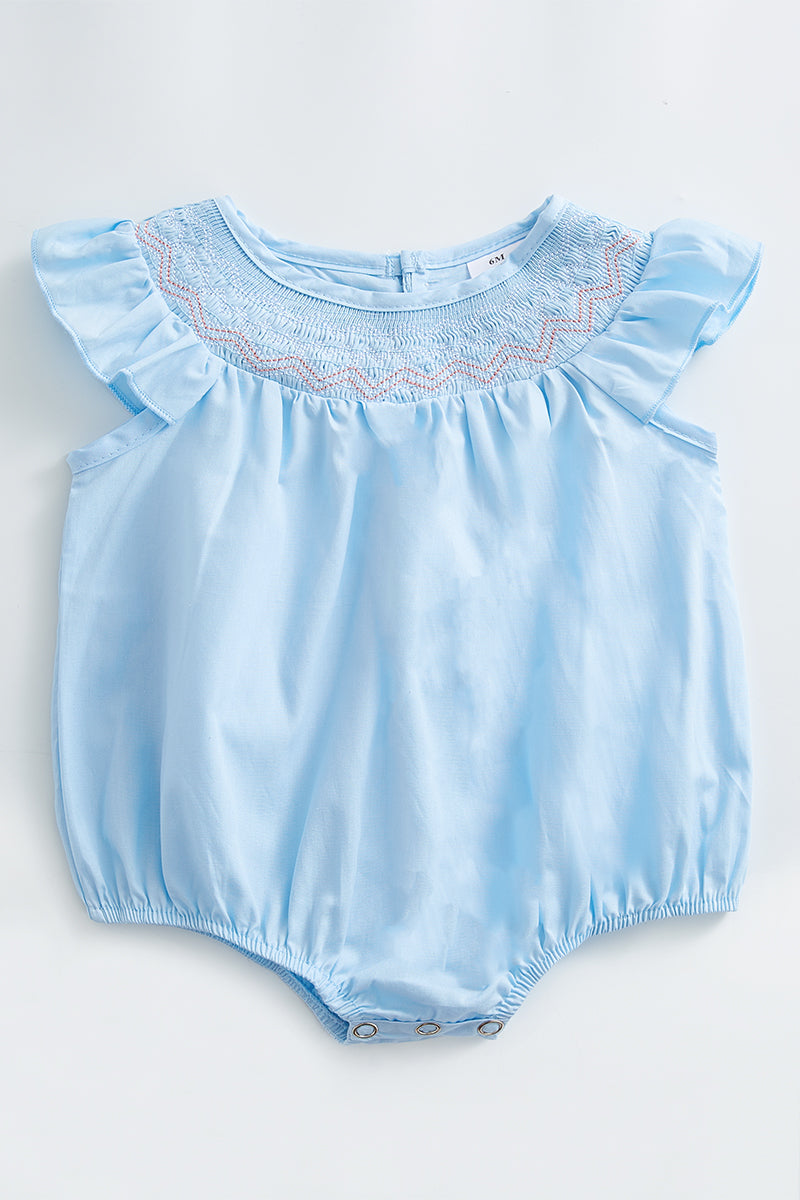 Blue smocked ruffle romper