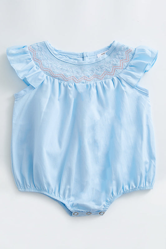 Blue smocked ruffle romper