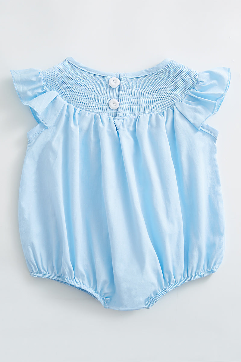 Blue smocked ruffle romper
