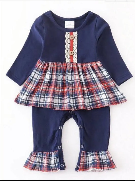 Navy plaid lace ruffle tutu romper