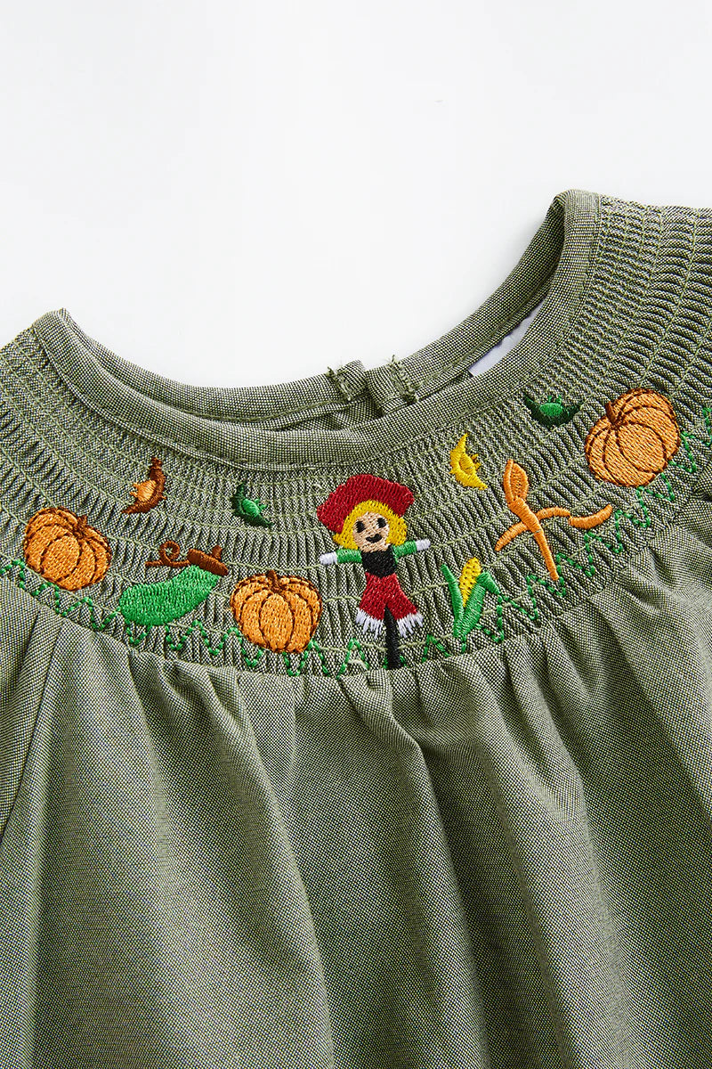 Green Scarecrow pumpkin smocked romper