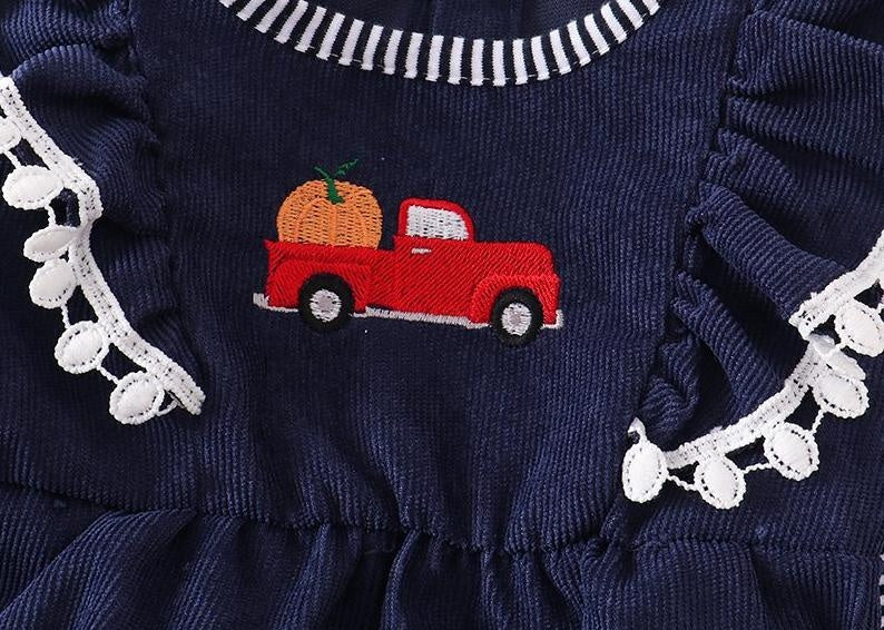 Navy corduroy pumpkin truck romper