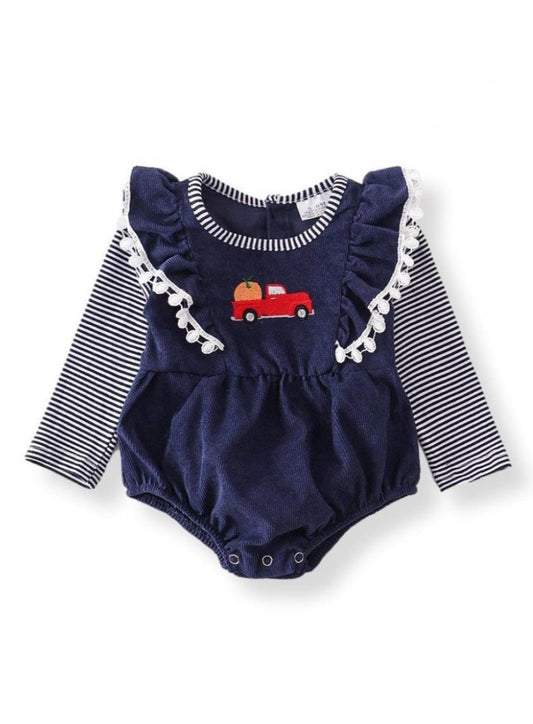 Navy corduroy pumpkin truck romper