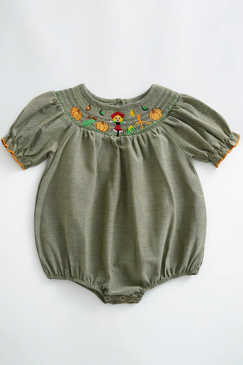 Green Scarecrow pumpkin smocked romper